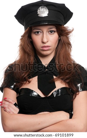 Young beautiful police woman posing in sexy costume isolated on white