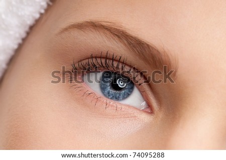 Closeup shoot of young beautiful girl with perfect skin: blue eye makeup zone. Macro