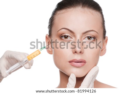 Cosmetic injection in the female face. Eye zone. Isolated