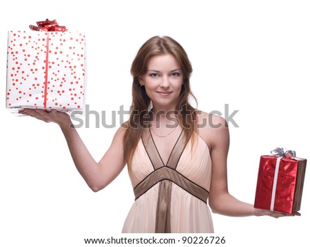 Beautiful woman with clear makeup and two gifts box