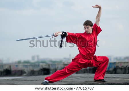 Shaolin Warriors Wushoo Man In Red With Swo