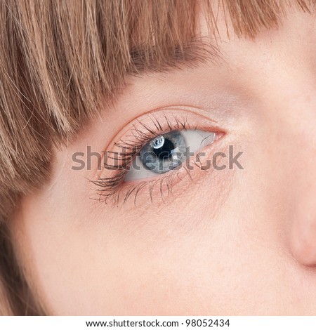 Close-up portrait of woman eye with perfect health skin of face. Isolated on white