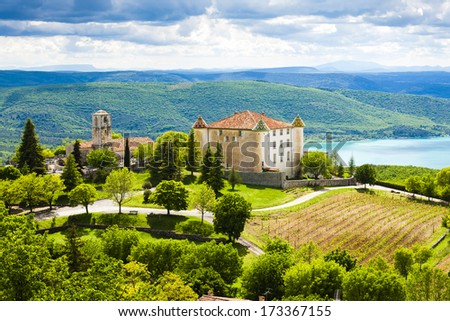 chateau and church in Aiguines and St Croix Lake at background, Var Department, Provence, France