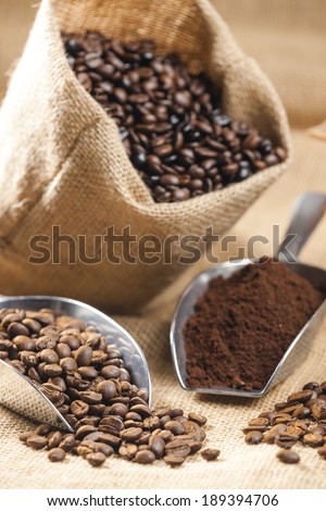 still life of coffee beans in jute bag