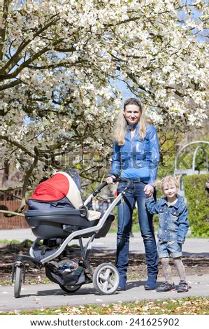 mother and her daughter with a pram on spring walk