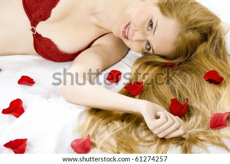 portrait of lying down woman with rose foils