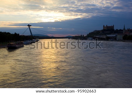 Bratislava castle with New Bridge over Danube River, Slovakia
