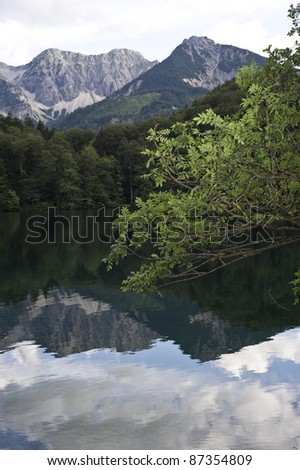 reflection of a mountain chain in the surface of a clear cold lake