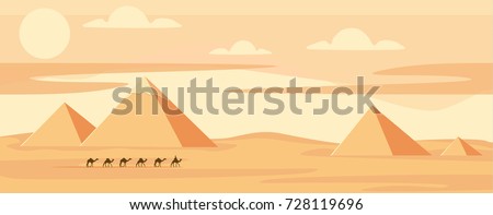 Caravan of camels near Egypt pyramids landscape. Egyptian great pyramids in the desert on a background. Dry desert under sun, endless sand desert.