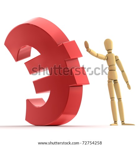 red euro sign. stock photo : person made of wood is stopping a shiny glossy red euro sign