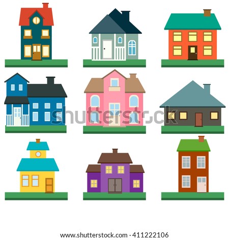 Houses vector icons set. Colorful flat design style house. Private residential architecture. Modern buildings. Detailed cottage houses. Home exterior. Isolated on white background. Estate.