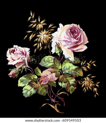 Colorful bouquet of pink roses and golden oats on a black background
