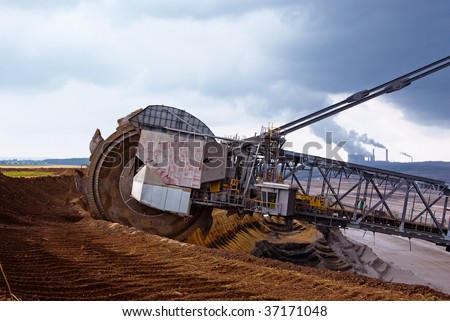 Giant wheel of bucket wheel excavator in a coal open pit in Rhineland, Germany
