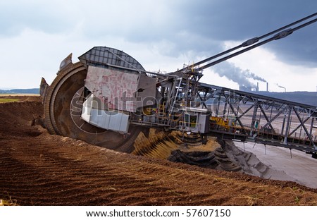 Giant wheel of bucket wheel excavator in a coal open pit in Rhineland, Germany