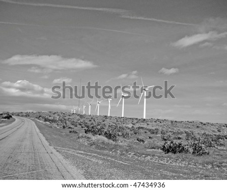 Wind Turbines in the Desert of Southern California Near Palm Springs in Black and White