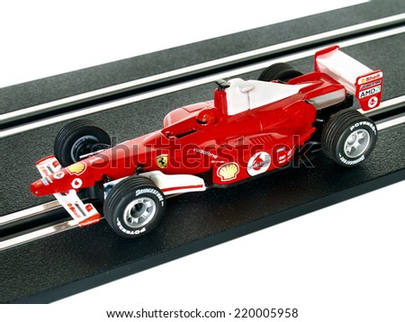 Castellon,Spain.September 27,2014.Red slot car on the track