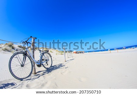 bicycle parked in the white sand beach on a bright summer day