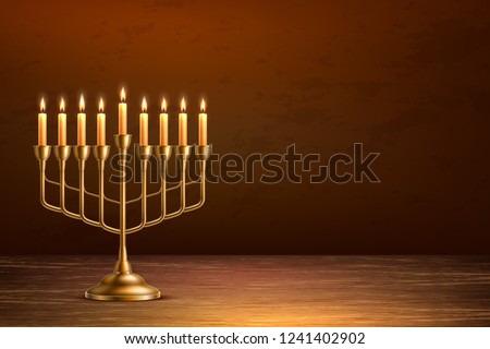 Hanukkah jewish holiday background with realistic golden menorah candelabrum with candles on wooden table backdrop. Israel traditional hebrew celebration invitation design. Vector illustration