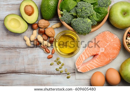 Selection of healthy products. Balanced diet concept. Top view, copy space.
