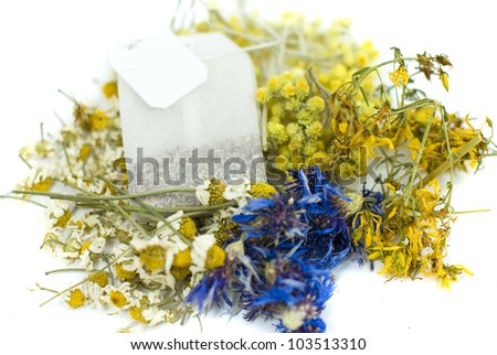 tea bag from mix herbs,cornflower,hypericum,immortele,and chamomile