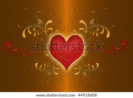 red heart with gold elements  on the gold valentines background