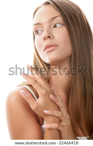 stock photo Portrait of young beauty woman rubbing her hands