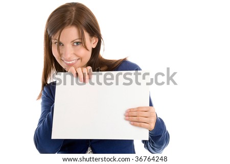 Portrait of beautiful woman holding blank note card isolated on white background