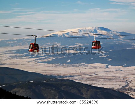 Cable car ski lift over mountain landscape in Bulgaria