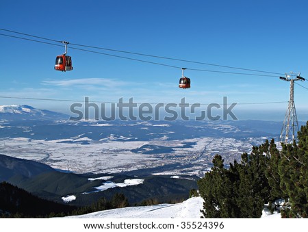 Cable car ski lift over mountain landscape in Bulgaria