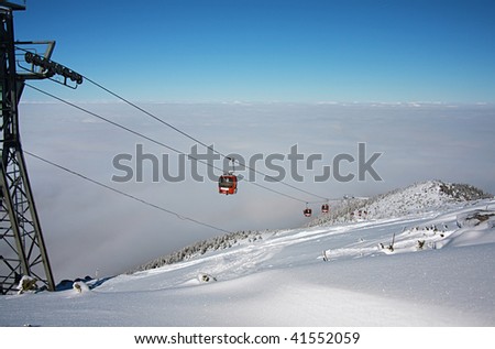Cable car over mountain landscape. Rila mountains, ski resort Borovets, Bulgaria