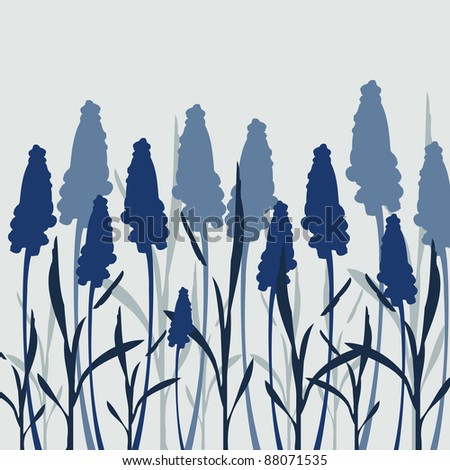 Silhouette flowers and grass in dark blue colors