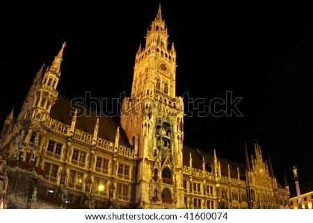 Night view of building of Rathaus (city hall) in Munich, Germany