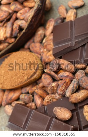 Chocolate with cacao beans and powder