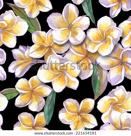 watercolor seamless exotic pattern tropical flowers and leaves on black background