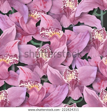 purple orchids seamless texture. floral ornament of flowers pink and purple on a dark background