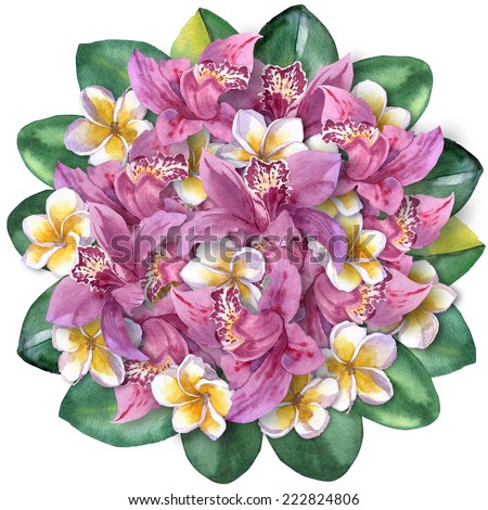 tropical bouquet of orchids and plumeria. lovely bunch of flowers and leaves on the top view