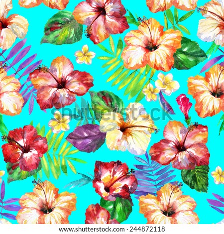 seamless flowers pattern. spring seamless. watercolor illustration. tropical flowers. watercolor flowers. hibiscus. frangipani. palm. watercolor seamless wallpaper.