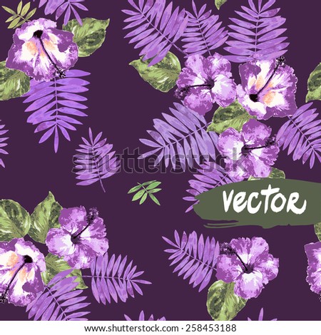 seamless floral pattern lilac flowers, vector exotic flowers blooming in a seamless texture, \
bouquet of flowers on a dark background. colorful Hawaiian hibiscus - tropical pattern