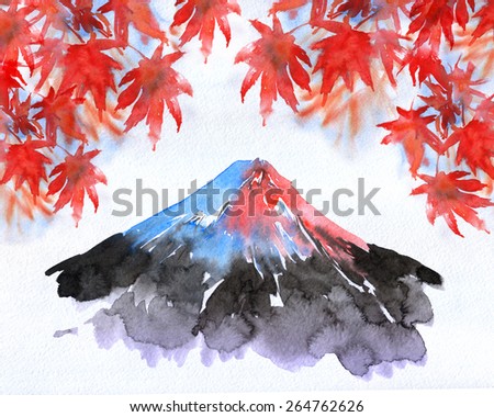 red maple leaves and Mount Fuji. watercolor painted illustration. Beautiful autumn leaves in Japan.
