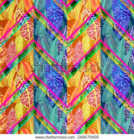 Colorful floral pattern of foliage on a zigzag stripes on a leaves background. yellow, blue, orange abstract floral ornament. zig zag pattern seamless