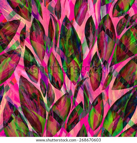 floral pattern of green leaves on a pink background on zigzag ornament. leaf watercolor painted wrapper on a plants background, zig zag pattern