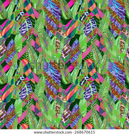 plants pattern seamless of green leaves, foliage on geometric zigzag. zig zag floral pattern on a tropical plant. exotic jungle pattern