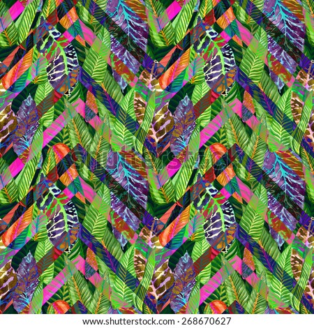 deep tropical pattern of foliage jungle. zigzag stripes on a leaves background. exotic colorful foliage on zig zag pattern seamless. gorgeous floral pattern