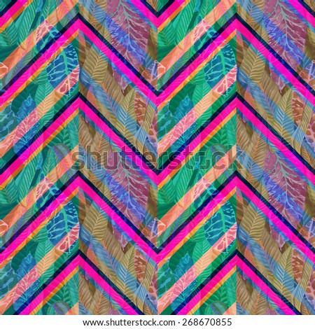 pastel floral pattern on a floral background. multicolor plants on a zigzag ornament. zig zag geometric pattern with leaves elements