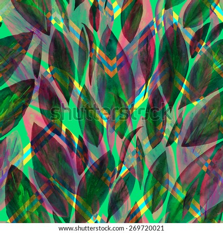 green florals pattern of red green leaves on a geometric zigzag ornament. zig zag pattern with jungle plants