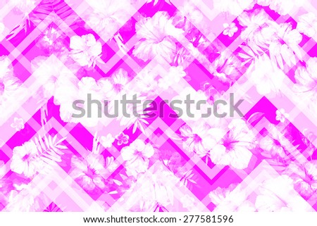 Pink flowers background on a zigzag. Seamless floral on a geometric lines backdrop. Tropical hibiscus flowers for hawaiian shirts