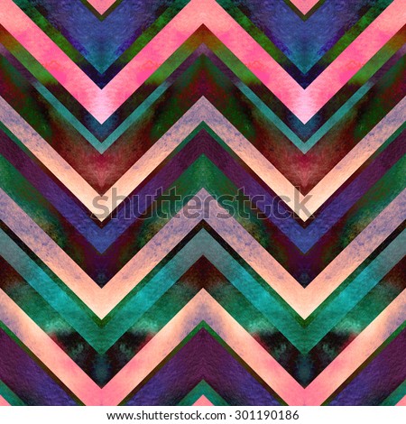 Geometric pattern zig zag lines. Vintage colors - Red, green, pink, cream stripes. Watercolor backdrop