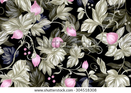 Gorgeous floral template. Ethnic seamless floral pattern of roses, lotus, peony on black background.  Watercolor markers handmade illustration