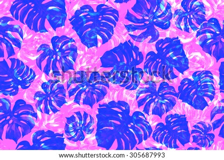 Tropical leaves mostera. Blue seamless background with tropical leaves. Watercolor plant illustration