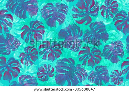 Watercolor tropic plants illustration. Blue leafs on a floral backdrop.